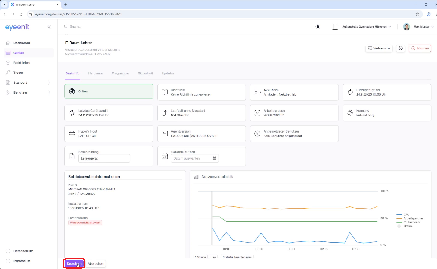 Änderungen am Gerät speichern