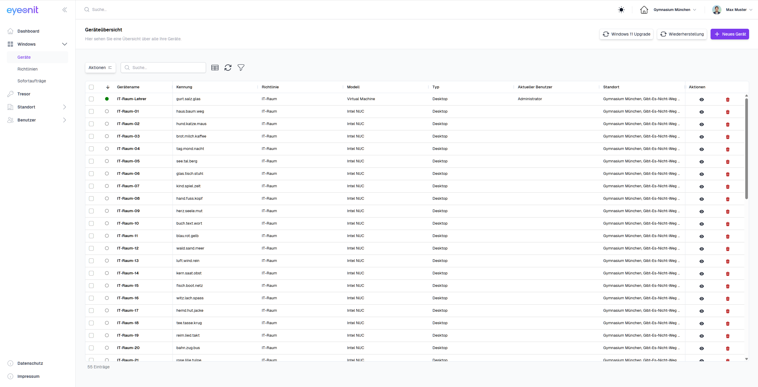 Geräteübersicht Tabelle