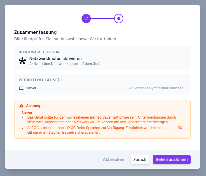 Zusammenfassung und Warnungen vor der Aktivierung
