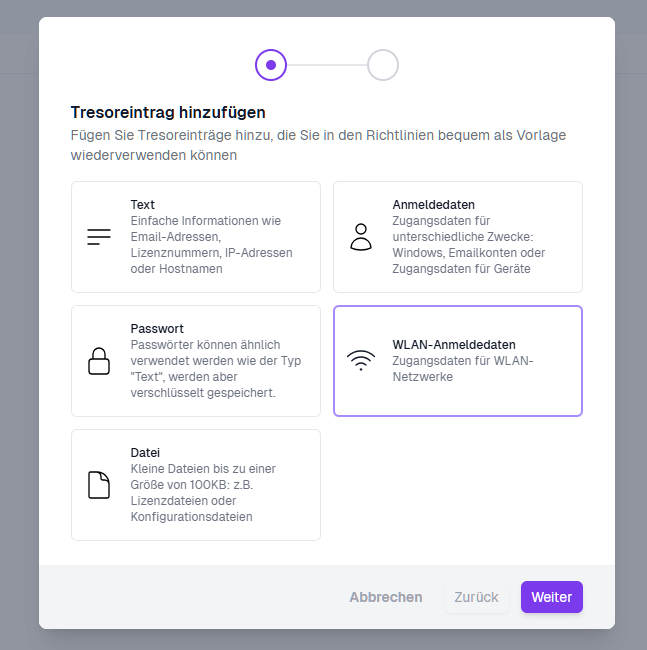 Tresoreintrag-Typ auswählen